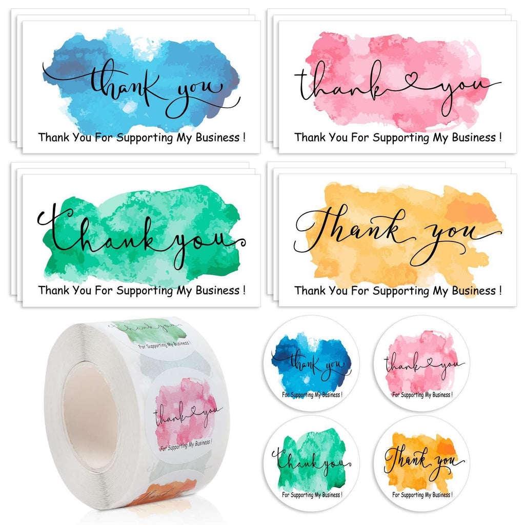 Thank You cards (Set of 100Pcs) - 2 x 3.5inch with 1.5” Thank You Roll Stickers (500 labels), Elegant Watercolor Thank You for Supporting My Small Business Cards, with Sticker Labels for Online Business, Retail, Store, Handmade Goods