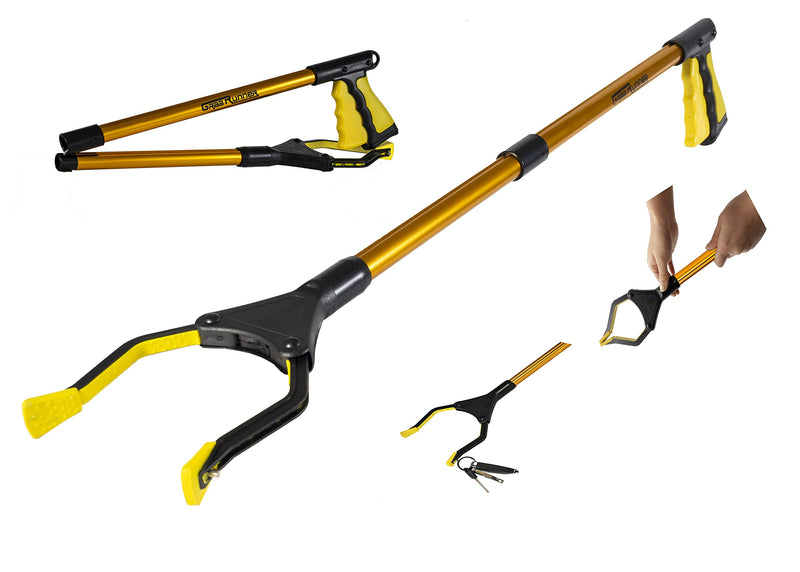 GrabRunner Reacher Grabber Tool, 32" Foldable Pickup Tool, with Strong Magnetic Lightweight Aluminum Reaching Aid with Rotating Rubber Gripper, Long Arm Extender for Elderly, Garden Nabber (Gold)