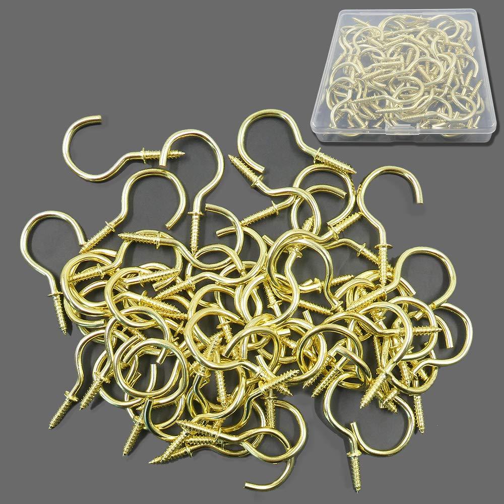 60 Pcs Cup Hooks Screw in 1-1/4 Inch with a Plastic Storage Box, Ceiling Hooks for Hanging Plants, 1-1/4 Inch Nickel Plated Metal Screw-in Ceiling Hooks, Coffee Mug Hanger Hooks (Gold)