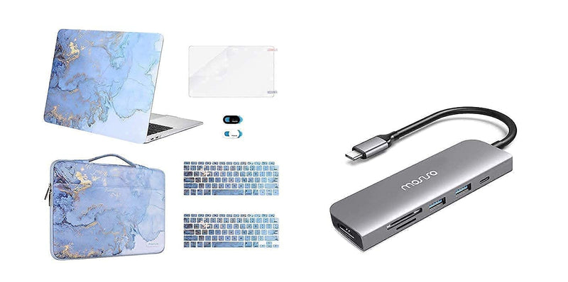 MOSISO Compatible with MacBook Air 13 inch Case 2020-2018 Release A2337 M1 A2179 A1932,Plastic Watercolor Marble Hard Shell&Sleeve Bag&& USB-C Hub,6in1 Type-C Multiport Adapter to 65W Power Charging