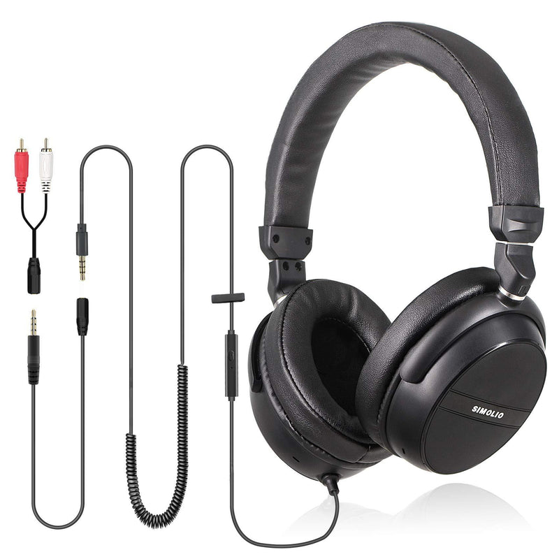 SIMOLIO Long Cord Headphones for TV and PC with Volume Control and Mic, 21.6FT/6.6M Extended Cable with Clip, RCA & 3.5mm AUX Audio, Fold-Flat Stereo Over Ear Wired TV Headphones, SM-906TV
