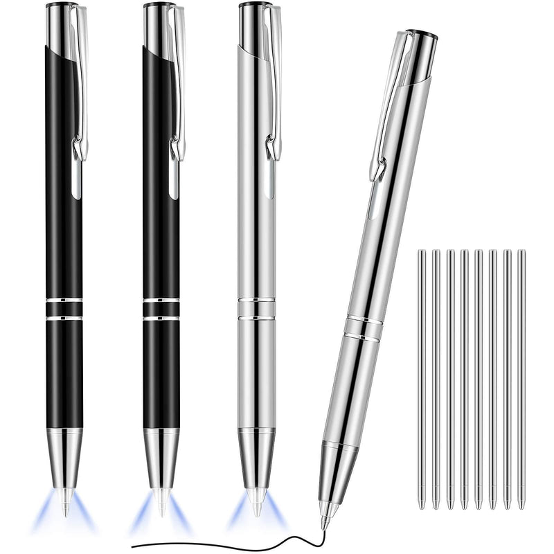 4 Pieces Lighted Tip Pen Metal Ballpoint Pen with Light LED Lighted Pen Black Ink Writing Pen with 8 Pieces Pen Refills for Writing in the Dark