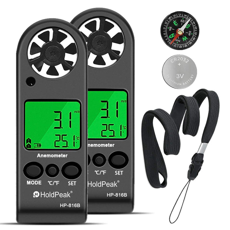 HoldPeak Anemometer Handheld HP-816B2PCS Wind Speed Meter Gauge Air Flow Velocity Measurement with Wind Chill Indication and Backlight for Windsurfing Kite Flying Shooting (Gift : Compass) 3-HP-816B*2PCS