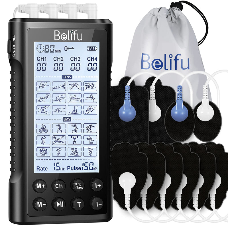 Belifu 4 Independent Channel TENS EMS Unit, 24 Modes,30 Level Intensity Muscle Stimulator Machine, Rechargeable Electric Pulse Massager with 10 Pads&5 Set Leads Wires, for Pain Relief Therapy Black