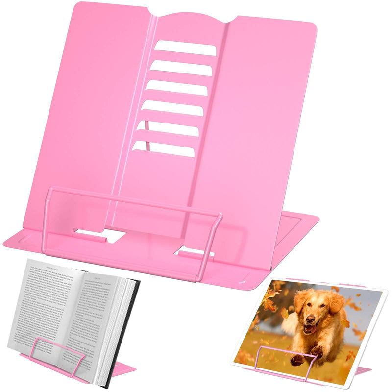 Desk Book Stand Metal Reading Rest Book Holder Adjustable Cookbook Documents Holder Portable Sturdy Bookstands for Recipes Textbooks Tablet,Pink Pink