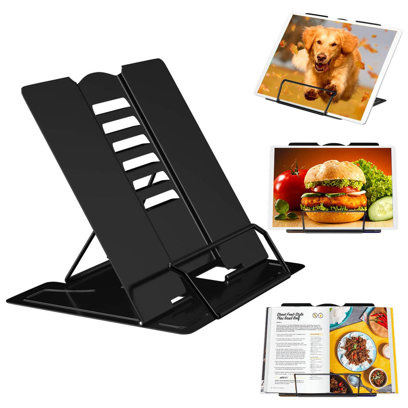 Book Stand,SONNLYH Metal Book Stands, Adjustable Book Holder Tray and Page Paper Clips-Cookbook Reading Desk Portable Sturdy Lightweight Black Black Bookstand