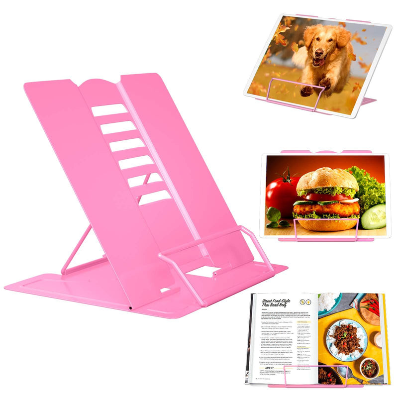 Book Stand,SONNLYH Metal Book Stands, Adjustable Book Holder Tray and Page Paper Clips-Cookbook Reading Desk Portable Sturdy Lightweight Pink Pink Bookstand