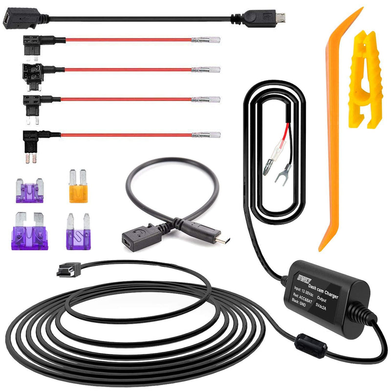 Dash Cam Hardwire Kit with Mini/Micro/Type-c Port, 4 Meter Dashboard Camera Car Charger Cable Kit 12V- 24V to 5V, Power Adapter with LP/Mini/ATO/Micro2 Fuse for Dash Cam, GPS Navigator, Radar Detector