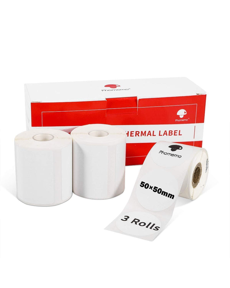 Phomemo 3 Rolls Thermal Round Sticker Label Paper, Compatible with Phomemo M110/M200 Bluetooth Label Machine, 5050mm 140 Labels/Roll Die-Cut Label for Address, Barcodes, Name Tag. 50*50mm*3