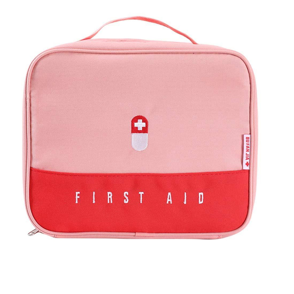 Zippered First Aid Bag Medication Organizer Emergency Empty Pouch Carrier with 5 Pockets Oxford Cloth Travel Medicine Pill Case with Handle Medical Embroidered Bags 9.84 x 7.87 x 5.31 inches (Pink) Pink