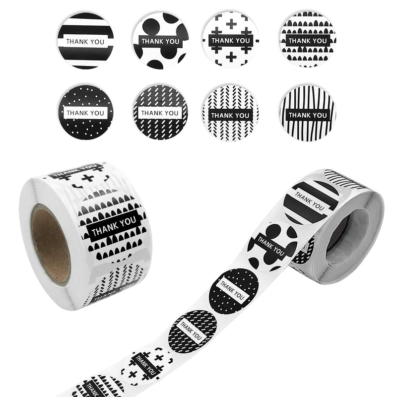 500PCS 1.5" Black and White Patterned Thank You Stickers | 8 Different Design Thank You Designs for Business Packaging, Thank You Labels for Gifts Bags, Boxes and Envelope Sealing