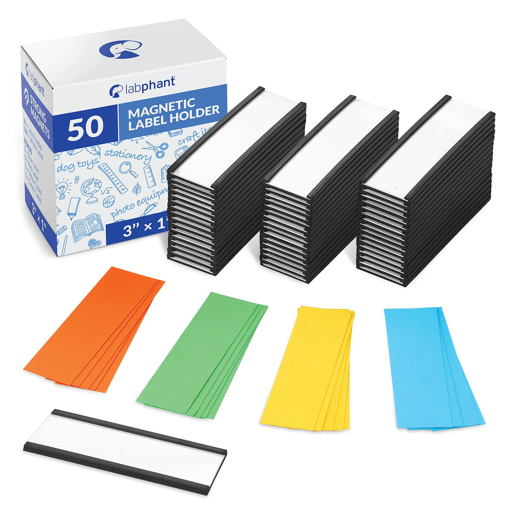 50 Pack"C" Channel Magnetic Label Holders 1x3 with 100 White Card Inserts, 50 Clear Plastic Protectors and Bonus 20 Colorful Cardstock Inserts in Blue, Green, Yellow and Red - Double-Sided Cards