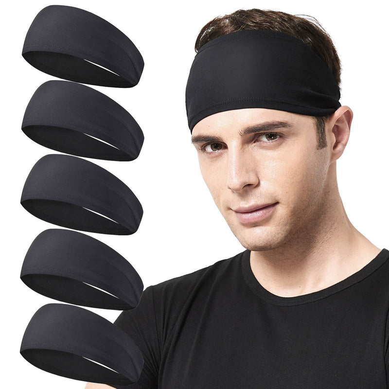 Acozycoo Mens Running Headband,5Pack,Mens Sweatband Sports Headband for Running, Cycling, Basketball,Yoga,Fitness Workout Stretchy Unisex Hairband 5 Black