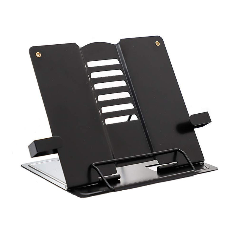 2021 Upgrade Metal Book Stand with Fixing Clips Folding Reading Book Holder with 6 Adjustable Angles and Paper Page Clip,Sturdy Desktop Rest Book Holder for Cookbook,Magazine, Laptop,Tablet (Black) Black