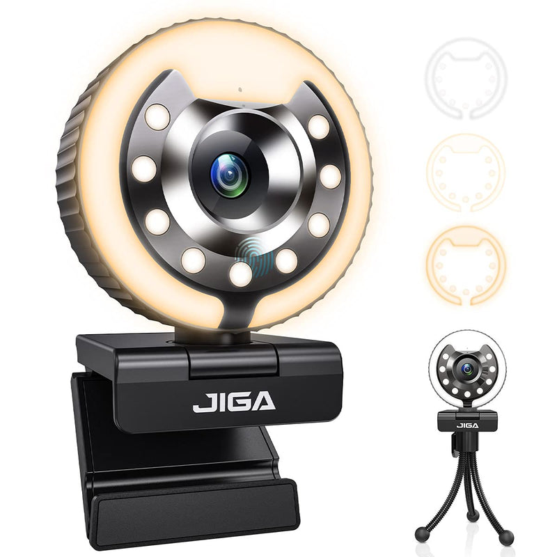 1080P Webcam with Microphone and Light Auto-Focus Play and Plug JIGA Streaming Web Camera for YouTube, Skype, Zoom, Twitch, OBS, Xsplit and Video Calling 3 Adjustable Color Light with Metal Tripod