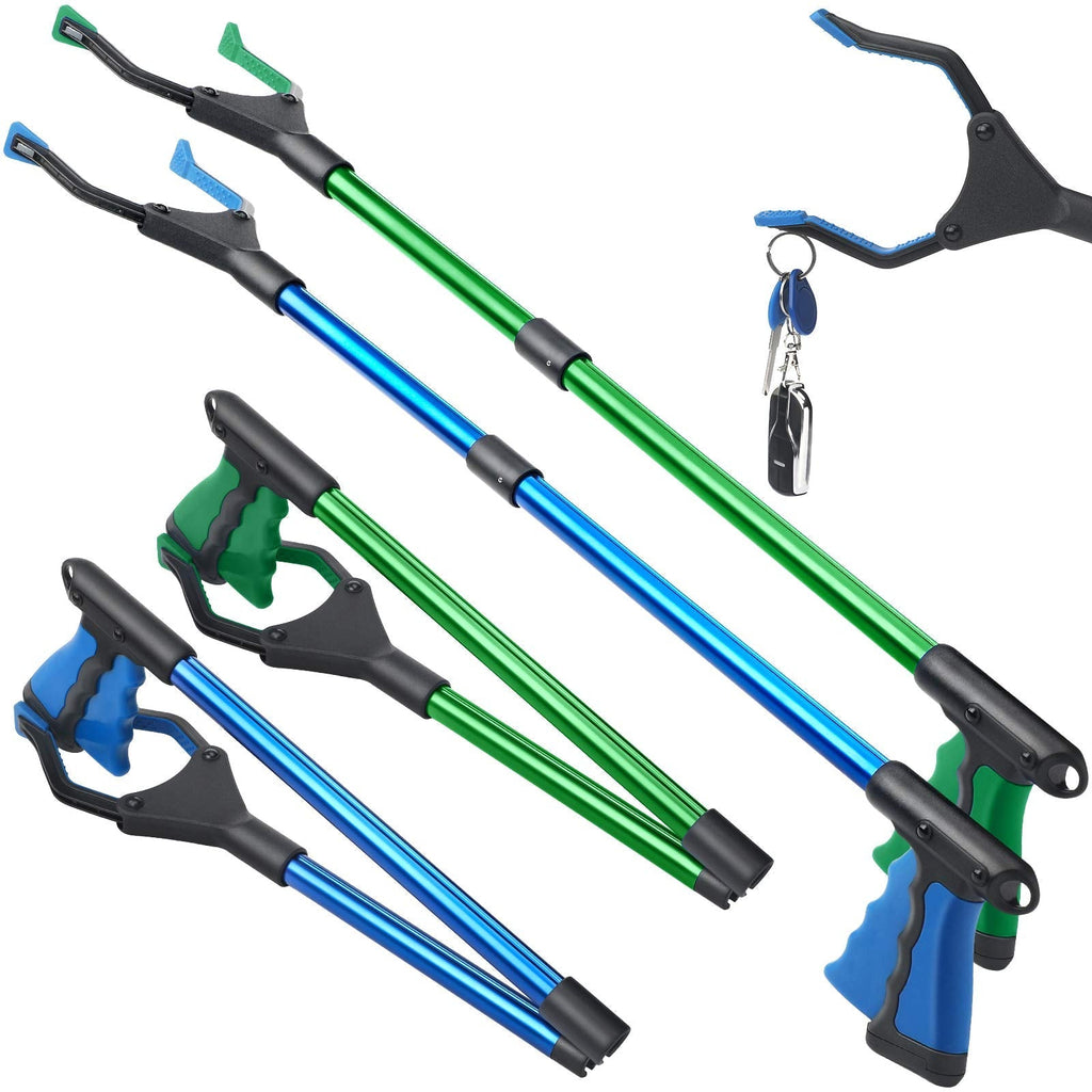 2 Pieces 32 Inch Foldable Grabber Reacher Tools with Magnet Pick Up Stick Grabber Long Handled Trash Litter Picker for Elderly Reaching Assist Arm Extension Tool (Blue, Green) Blue, Green