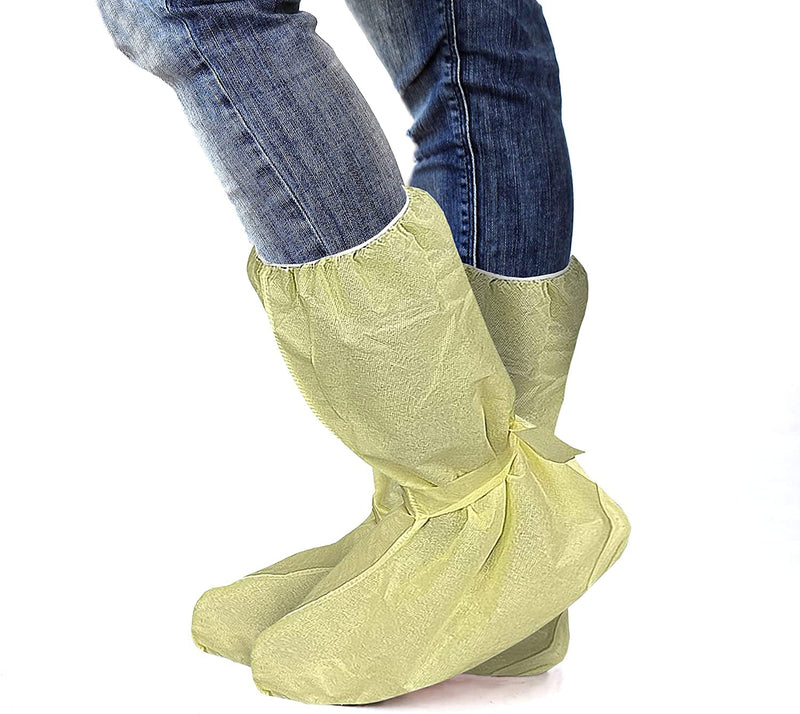 AMZ Medical Supply Disposable Shoe Covers for Indoors. Pack of 10 Yellow Shoe Booties Disposable Polypropylene Covers, Universal Shoe Booties with Fixation Ties, Knee-Length. Knee-Length / 10 pairs