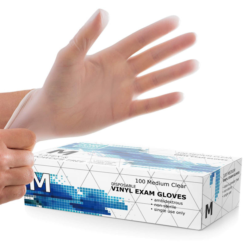Powder Free Disposable Gloves Medium -100 Pack -Clear Vinyl Medical Exam Gloves Medium (Pack of 100)