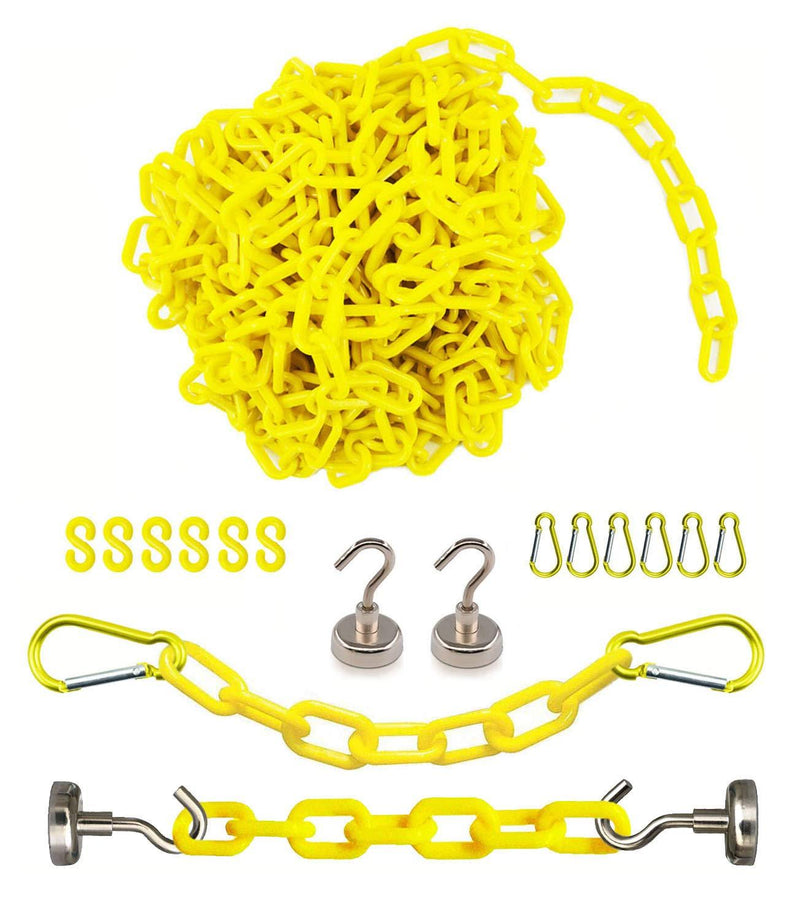 Reliabe1st 26 Feet Yellow Plastic Safety Barrier Chain with 2 Magnetic Hooks and 6 S-Hooks and 6 Carabiner Clips | Caution Security Chain Safety Chain for Crowd Control | Safety Barrier