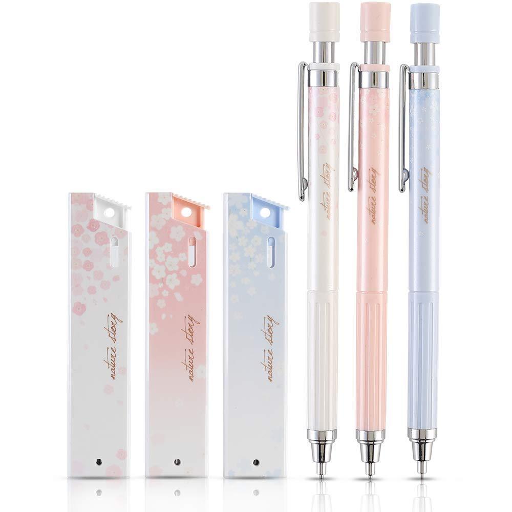 Ipienlee Cherry Mechanical Pencil Set with Lead, 3 pcs 0.5mm Mechanical Pencils With 3 Pack HB Pencil Leads for Writing Draft, Drawing, Sketch, Architecture IP-33125 3pcs Pencil and 3 Pack Refills