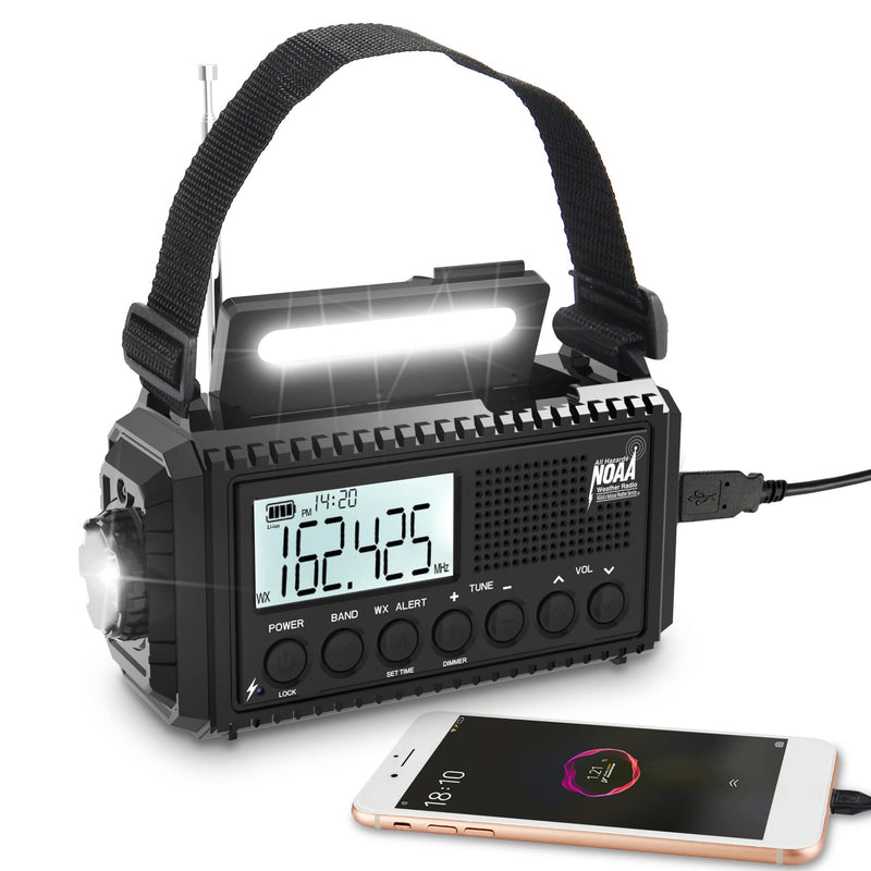 Auto NOAA Digital 5000 Weather Radio with Backlit LCD Screen, 5 Way Powered Solar Hand Crank Portable AM/FM/Shortwave Emergency Radio/Phone Charger,Read Lamp/Camping Flashlight,Earbud Jack,Clock,SOS Black(5000,Auto Alert,LCD Display)