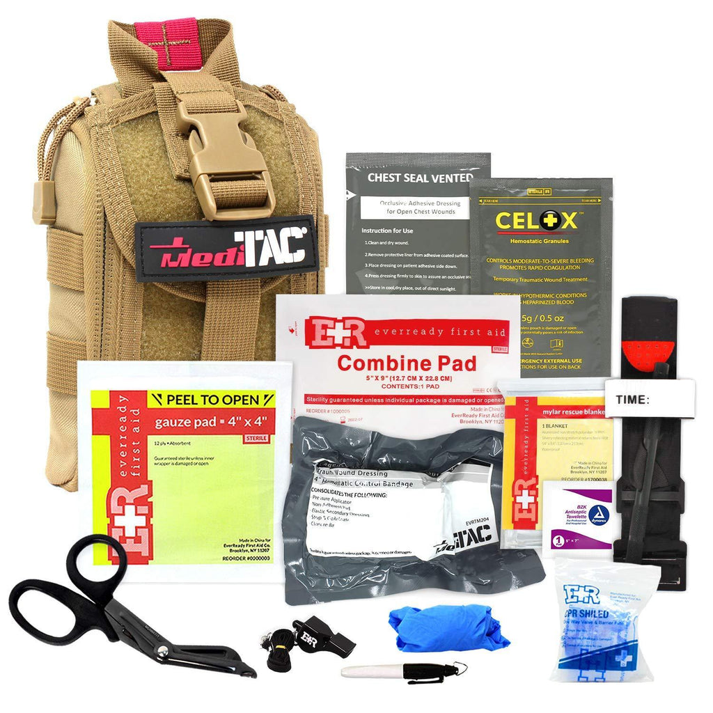 MediTac IFAK Molle - Eagle Type Tactical Trauma Kit with Tourniquet, Celox Hemostatic Granules and Pressure Bandage, Bleeding Control Kit - Desert Brown