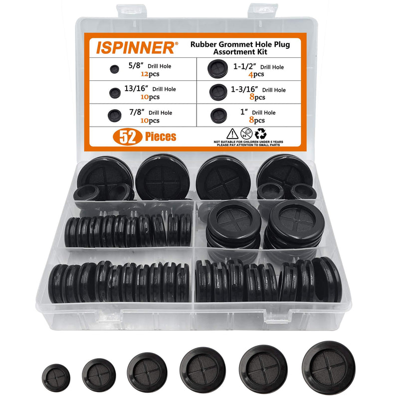 ISPINNER 52pcs 6 Sizes Rubber Grommet, Double Sided Round Rubber Hole Plug, Drill Hole 5/8" 13/16" 7/8" 1" 1-3/16" 1-1/2" (Black) Black