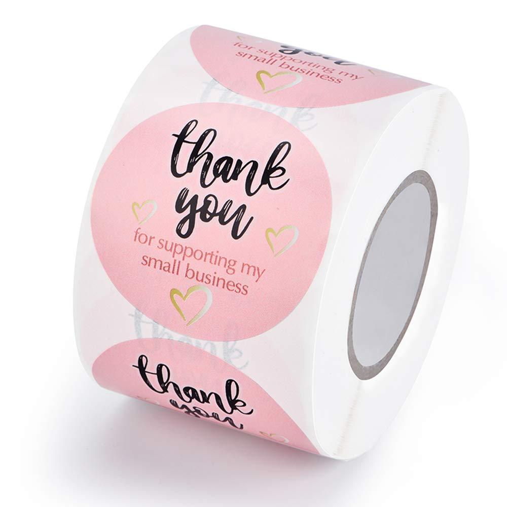 2 Inch Thank You Stickers (500 per Roll) - Natural Brown Kraft Stickers (Permanent Adhesive) for Store Owners, Crafts, Organizing, Jar and Canning Labels (Pink)