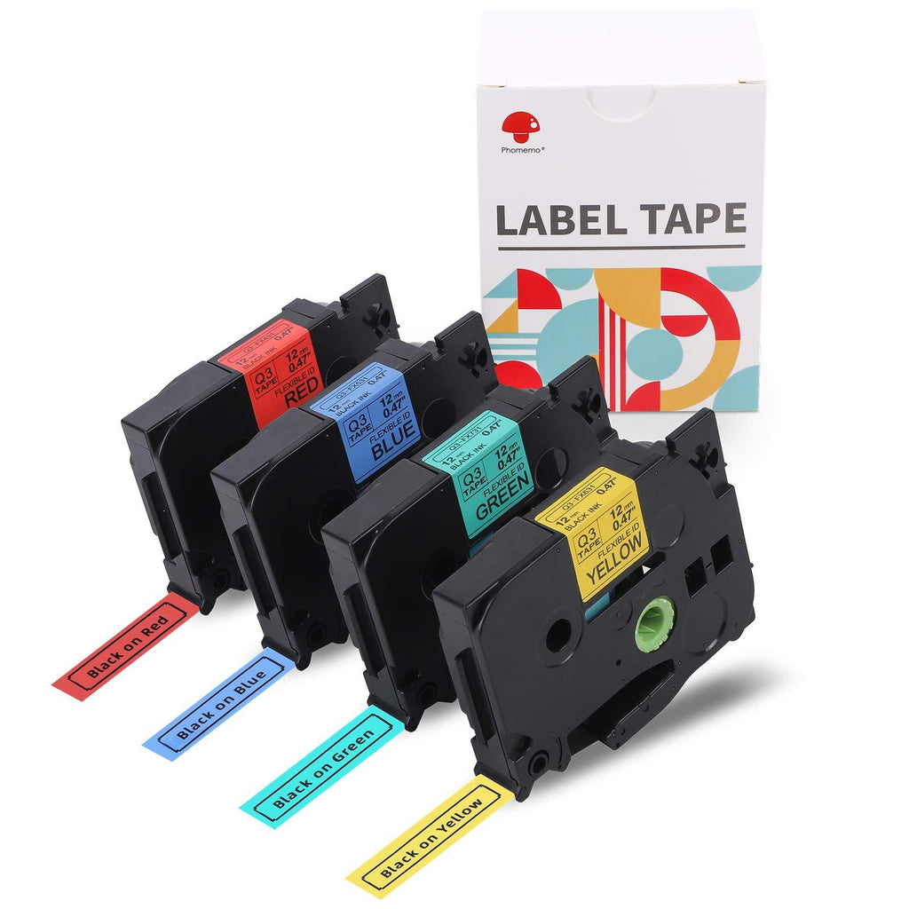 Phomemo P3100 12mm Black on Red/Yellow/Green/Blue Cable Label Tape- Laminated Label Tape, Waterproof, Oil-Proof，Scratch-Resistant, for Home, Office, Industrial