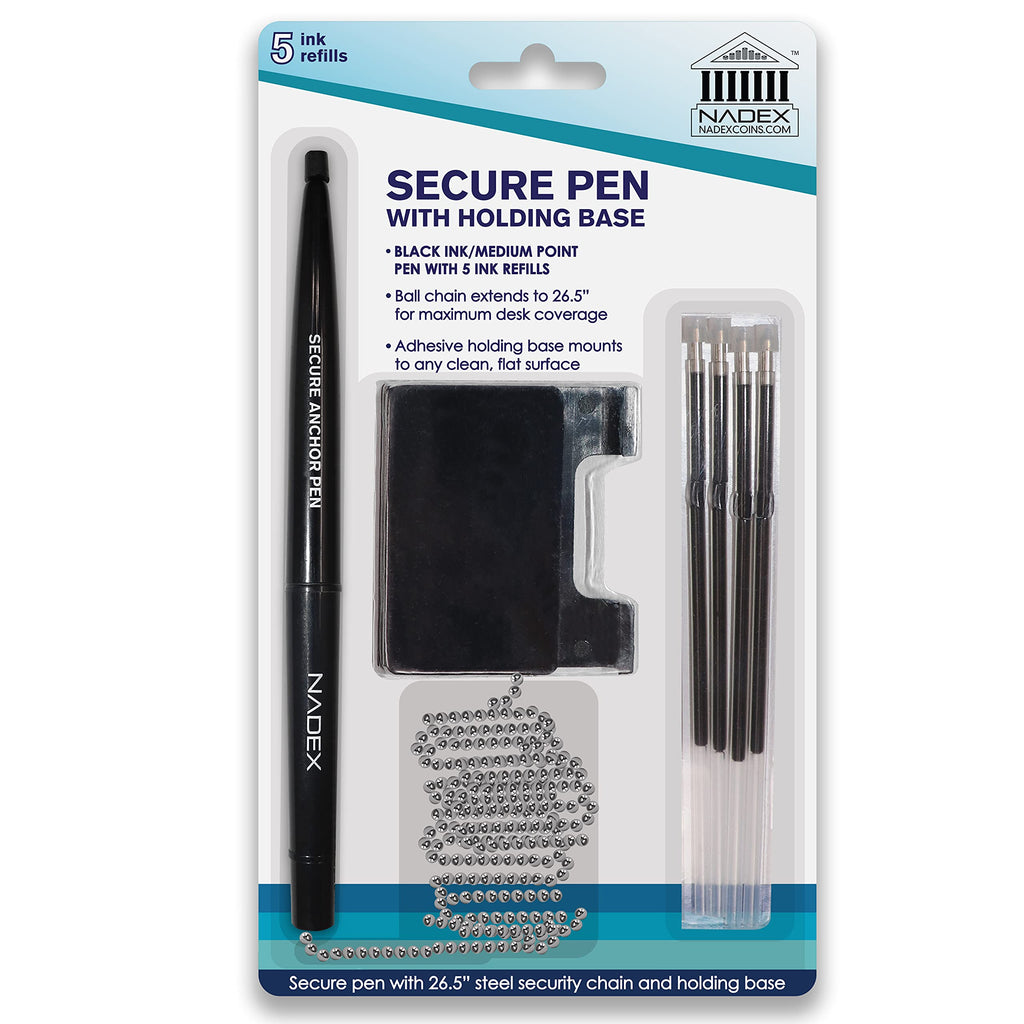 Nadex Ball and Chain Security Pen Set | 1 Pen, 1 Adhesive Mount, and 5 Refills (Black)