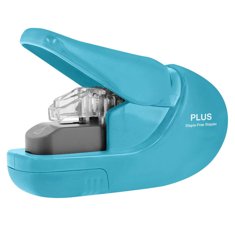 PLUS Paper Clinch Compact Staple Free Staple Blue Turquoise Hand