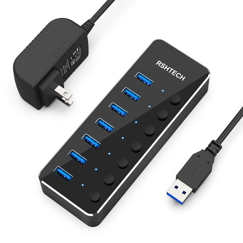 USB 3.0 Hub, RSHTECH 7 Port Powered USB Hub Expander Aluminum USB 3.0 Data Port hub with Universal 5V AC Adapter and Individual On/Off Switches USB Splitter for Laptop and PC(Black) 7 Port Powered USB 3.0 Hub