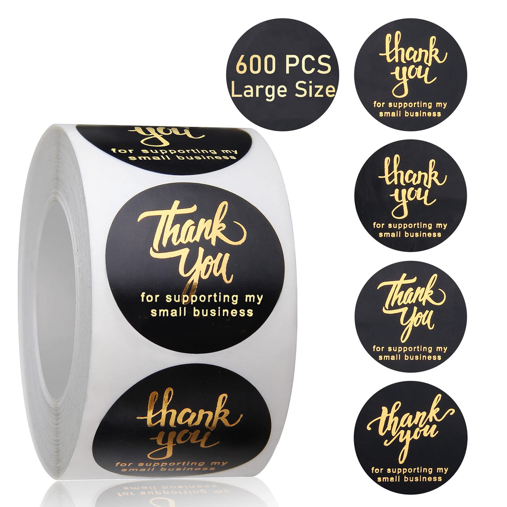 Thank You Stickers Small Business, 600 PCS 1.5 Inch Thank You Stickers Roll Thank You for Small Business Stickers Labels, Gold Foil Stickers for Baking Packaging, Envelope Seals, Gift Wrap Bag Black