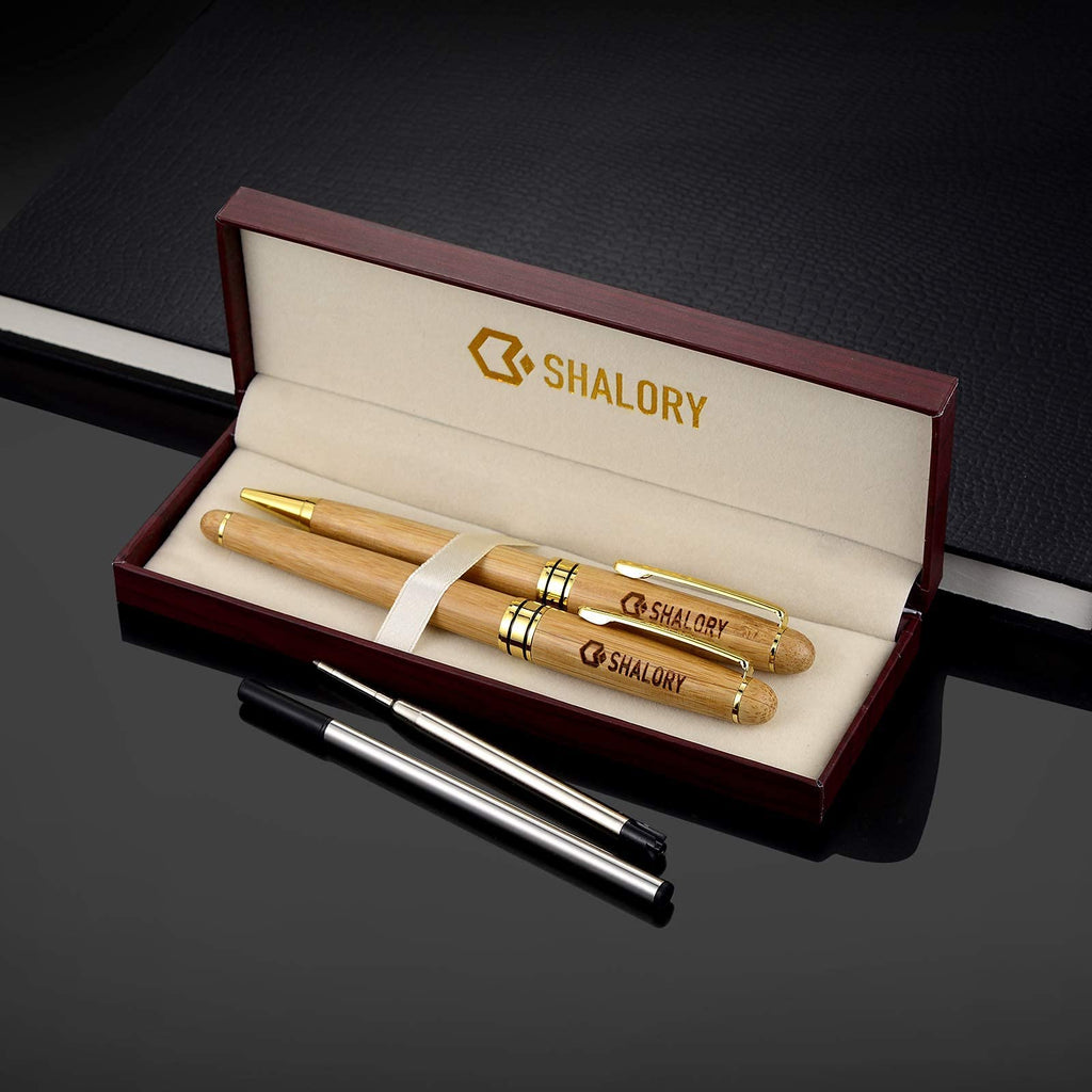 SHALORY Bamboo Wooden Pen Set - 1 Ballpoint Pen Medium Point & 1 Rollerball Pen Fine Point - Smooth Writing Flow Gift Pen with Extra 2 Refills, Black Ink Bamboo Wood Writing Pen Set 0.7/1.0mm