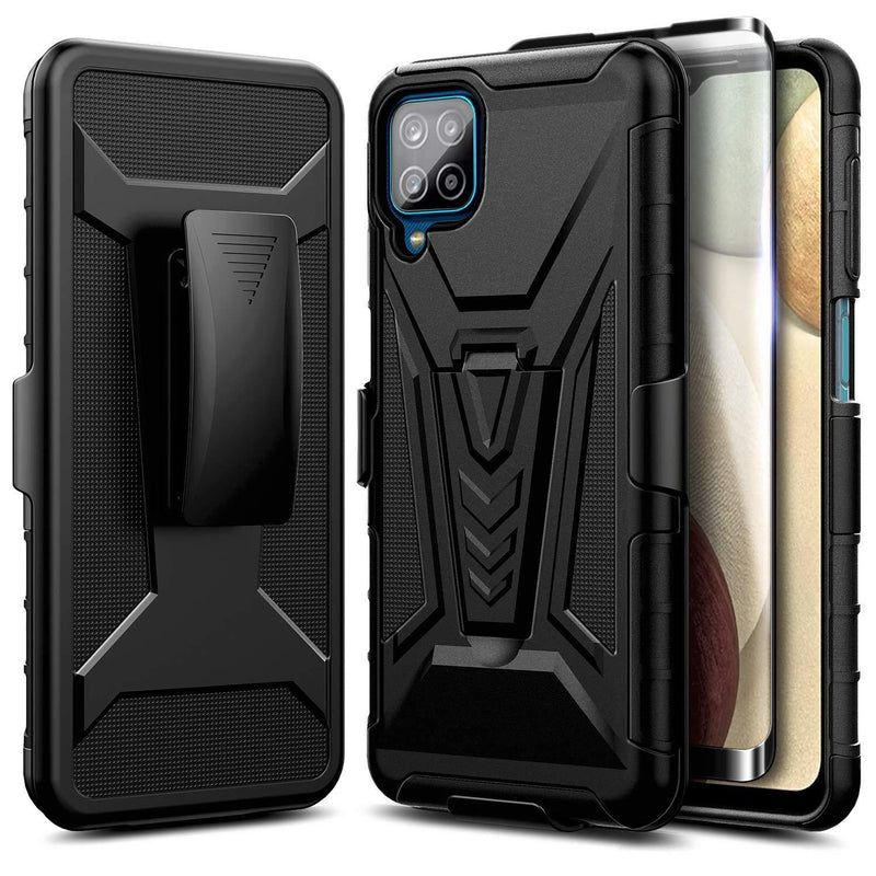 NZND Case for Samsung Galaxy A12 with Tempered Glass Screen Protector (Full Coverage), Belt Clip Holster with Built-in Kickstand, Heavy Duty Protective Shockproof Armor Defender Rugged Case -Black Black