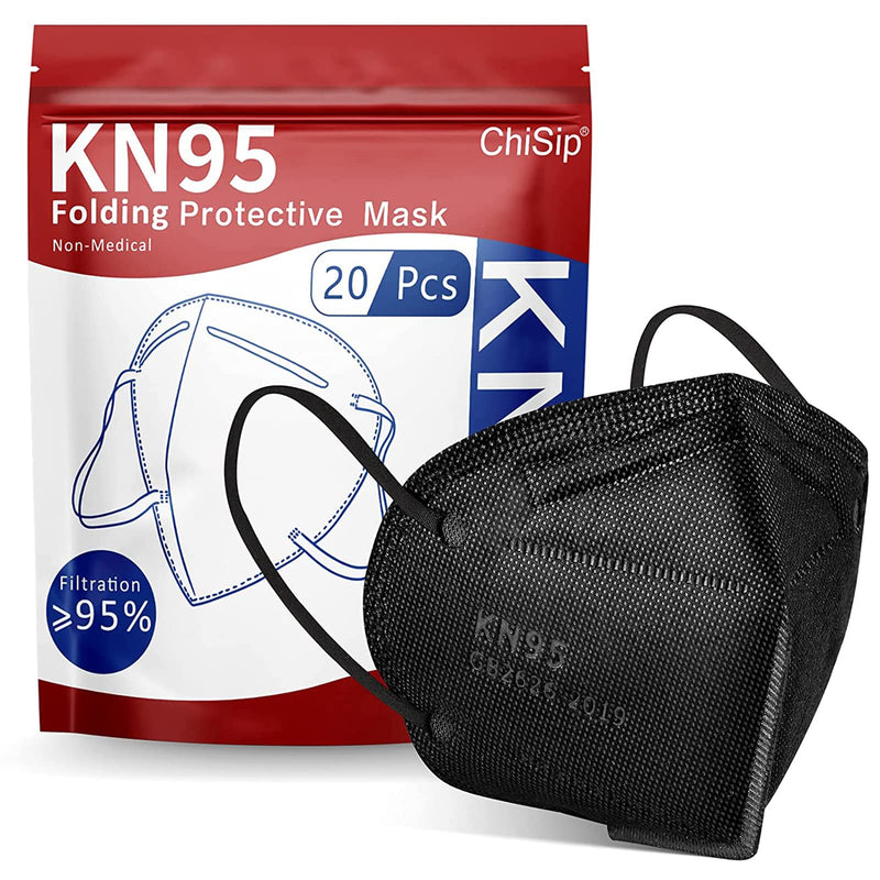 ChiSip KN95 Face Mask 20 Pcs, 5-Ply Cup Dust Safety Masks, Breathable Protection Masks Against PM2.5 for Men & Women, Black 01.black 20 pack