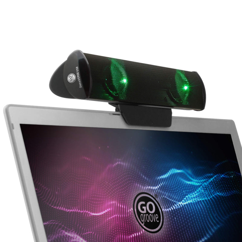 GOgroove SonaVERSE LED Speaker for Laptop Computer - USB Powered Clip-On Sound Bar with Mini Portable External Speaker Design for Monitor, Back Switch for Power - Audio Input and Power (Green) Green