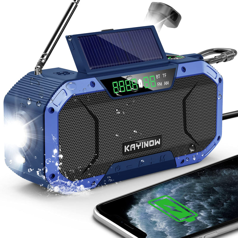 Auto Scan Digital AM FM WB NOAA Weather Radio,Portable Hand Crank Radio with Loud Stereo Bluetooth Speaker,Waterproof Wind Up Solar Emergency Radio,5000mAh Cell Phone Charger,Flashlight,Battery Backup