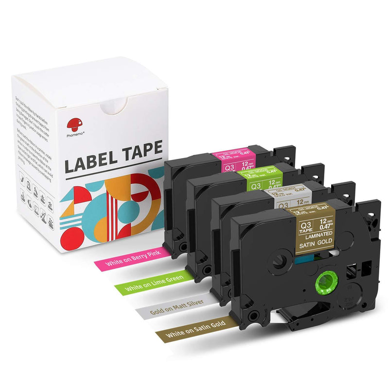 Phomemo Compatible Label Tape Matte Replacement for Brother TZe, TZ Laminated P-Touch PTD600, PTP710BT, PTH110, PT-D200 Label Maker(0.47" x 26.2')12mm, Gold on Silver, White on Green, Pink&Gold 4 Pack