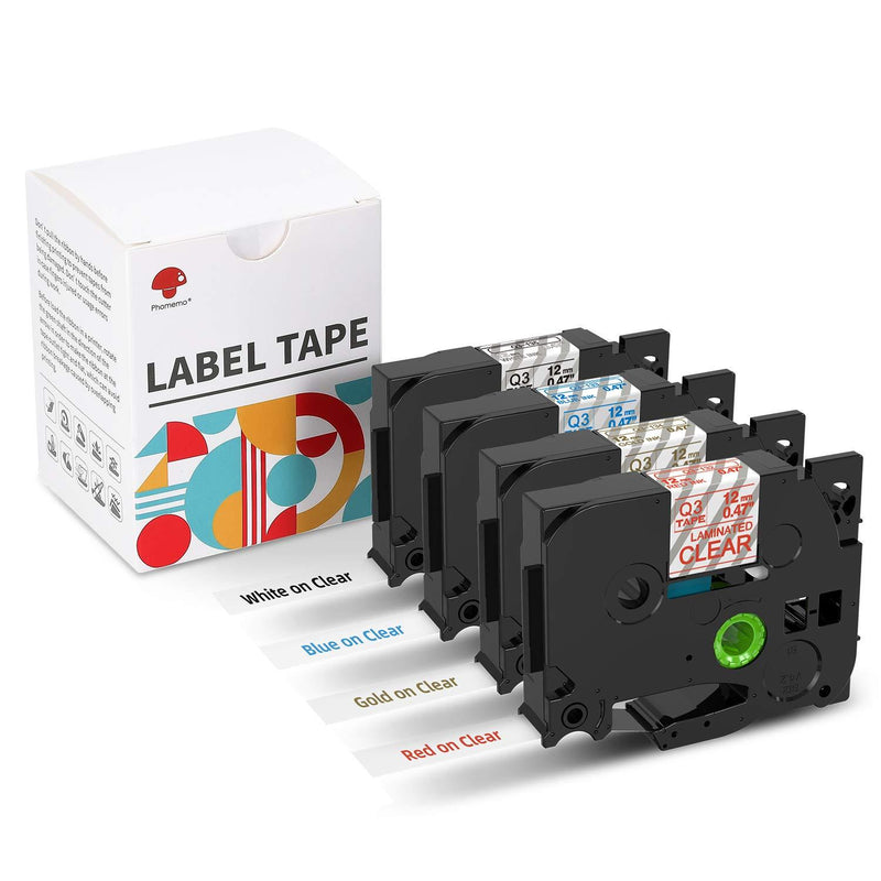 Phomemo Compatible Label Tape Replacement for Brother TZe, TZ-132/133/134/135Laminated P-Touch PTD600, PTP710BT, PTH110, PT-D200 Label Maker(0.47" x 26.2')12mm, Blue, Red, Gold&White on Clear, 4 Pack