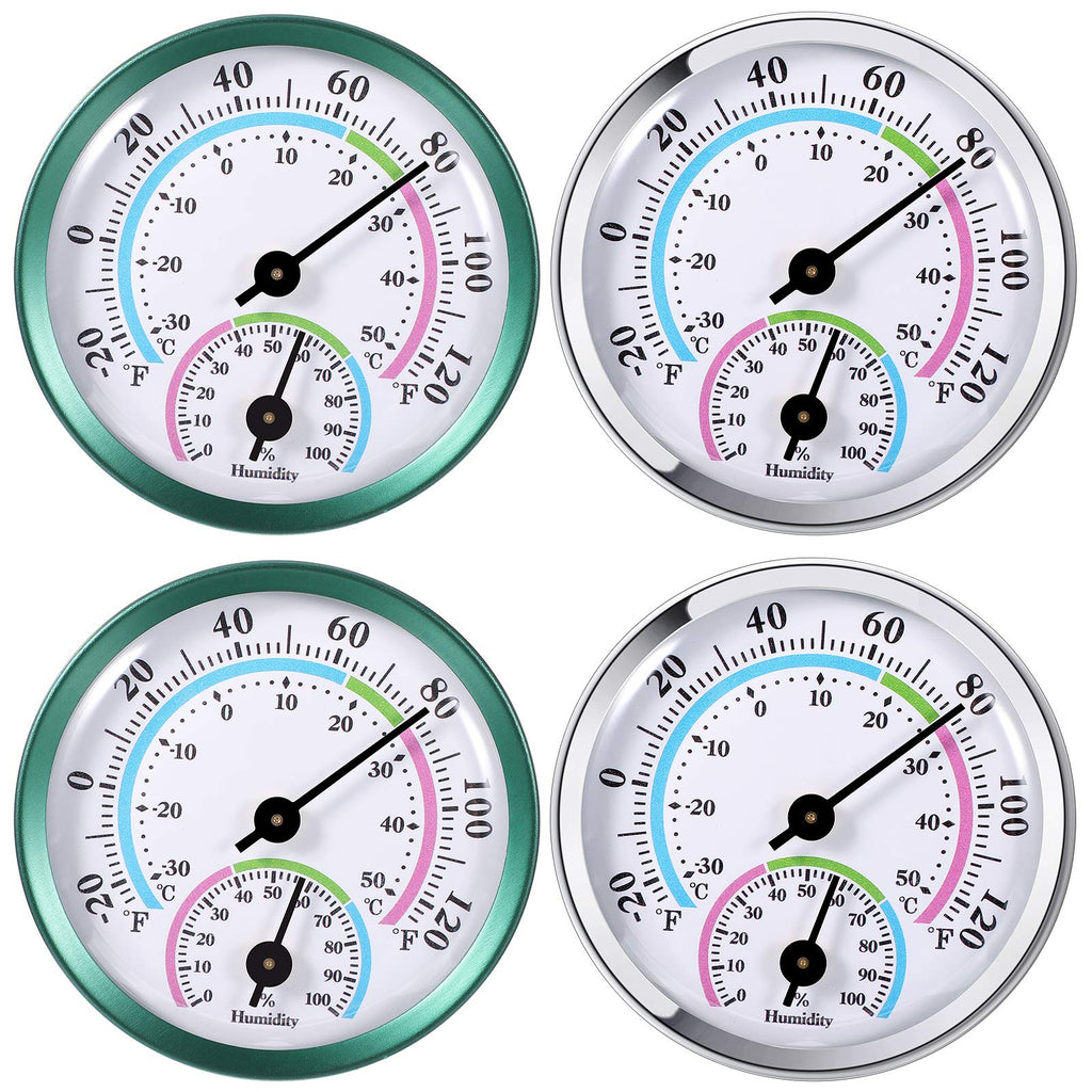 4 Pieces Indoor Outdoor Thermometer Hygrometer 2 in 1 Temperature Humidity Gauge Analog Hygrometer for Indoor Office Home Room Outdoor, No Battery Required, in Green and White Green, Silver