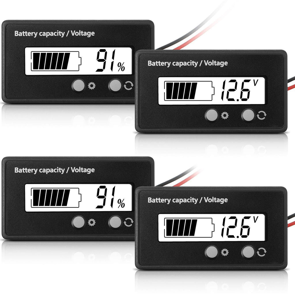 2 Pieces DC 12V 24V 36V 48V 72V Battery Meter with Alarm, Front Setting and Switch Key, Battery Capacity Voltage Indicator Battery Gauge Monitors -Acid and Lithium ion Battery Indicator (White) White