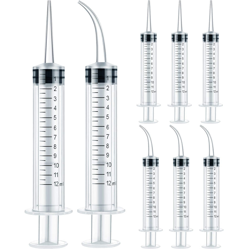 12 ml Plastic Syringes Set, Dental Syringe with Curved Tip and Straight Tip, Disposable Irrigation Syringe Mouthwash Cleaner for Oral Care, Animal Feeding, with Measurement (8 Pieces) 8