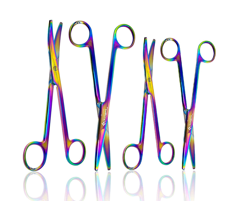 Cynamed Set of 4 Mayo Dissecting Scissors with Multicolor/Rainbow Titanium Coating - Long, Thick Precision Shears - Premium Quality Instrument