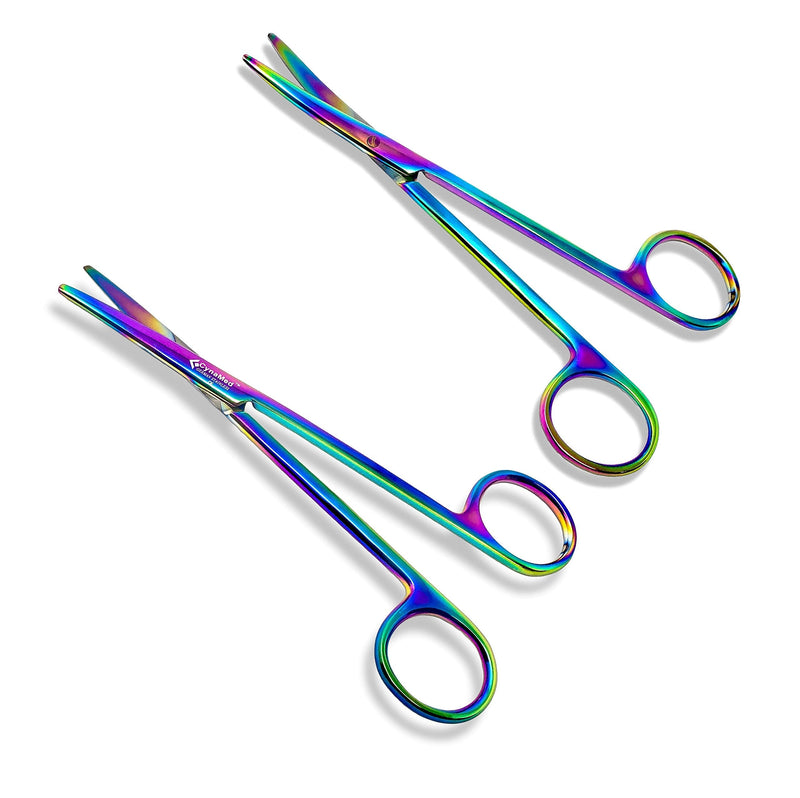 Cynamed Metzenbaum Set of 2 Dissecting Scissors with Multicolor/Rainbow Titanium Coating - Long, Slim (5.75 in. - Straight and Curved) Small