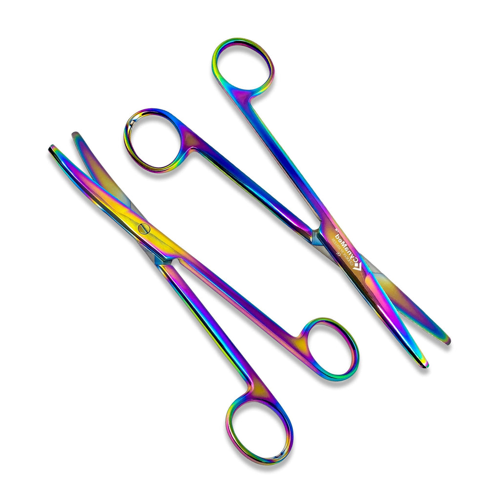 Cynamed Set of 2 Mayo Dissecting Scissors with Multicolor/Rainbow Titanium Coating - Long, Thick Precision Shears - Premium Quality Instrument (6.75 in. - Straight and Curved) Large