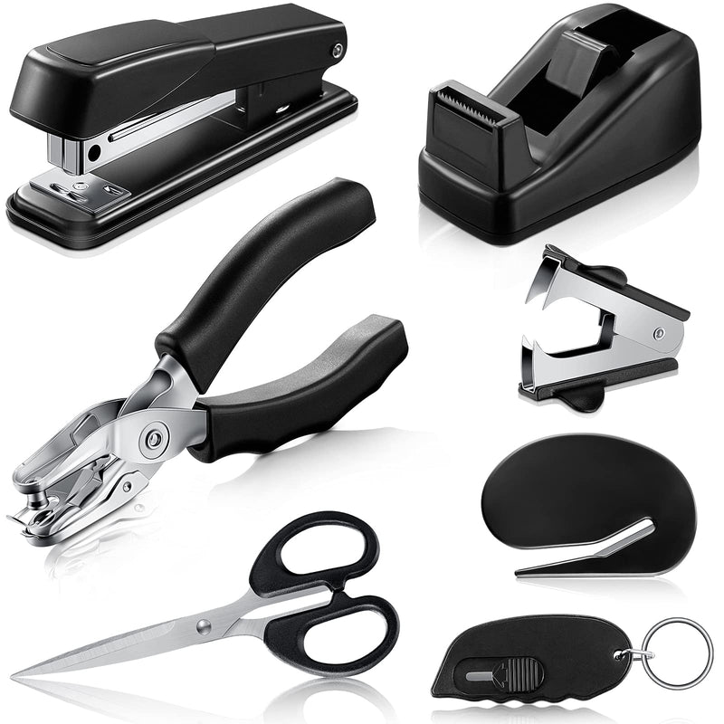 7-Piece Black Desk Accessory Kit Includes Desktop Stapler, Stapler Remover, Single Hole Punch, Tape Dispenser, Stainless Steel Scissors, Small Telescopic Knife and Envelope Slitter Mail Opener