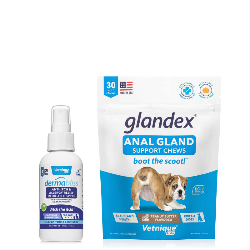 Glandex Anal Gland Peanut Butter Soft Chew 30ct with Dermabliss Anti-Itch & Allergy Relief Medicated Spray Bundle