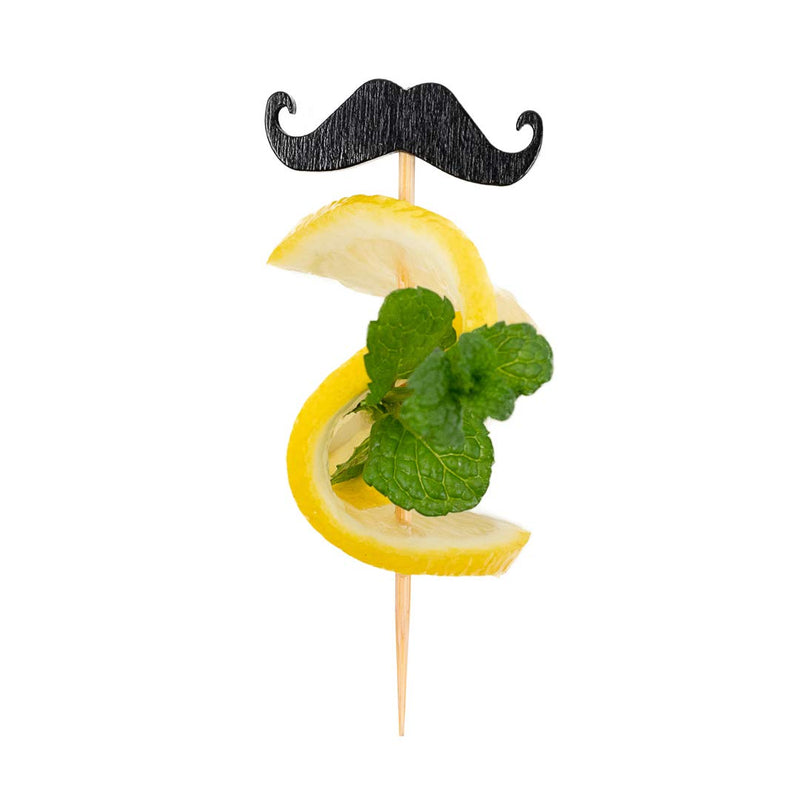 2.7 Inch Cocktail Skewers, 100 Moustache Design Birthday Party Toothpicks - Pointed, Sturdy, Black Bamboo Cupcake Mustache Toppers, Disposable, For Fruits, Desserts, Or Sandwiches - Restaurantware 2.8"