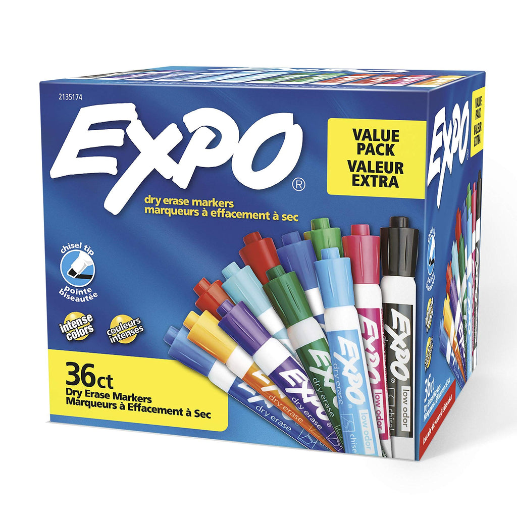 EXPO Low-Odor Dry Erase Markers, Chisel Tip, Assorted Colors, 36 Count